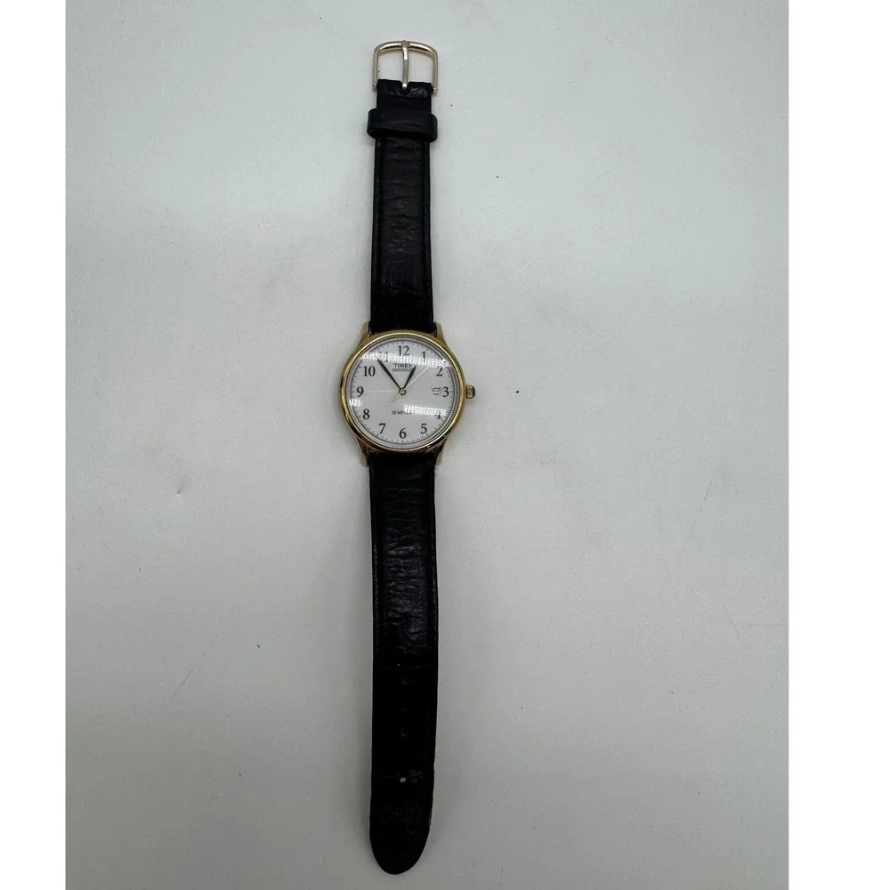 Timex Indiglo Easy Reader Gold Tone White Dial Black Leather Watch 30M T66